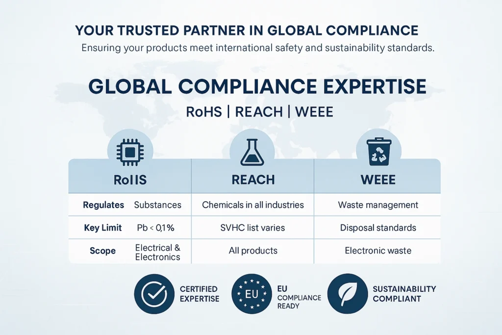 Create a visual authority marker showing expertise. Example:

Parameter	RoHS	REACH	WEEE
Regulates	Substances in electronics	Chemicals in all industries	Waste management
Key Limit	Pb < 0.1%	SVHC list varies	Disposal standards
Scope	Electrical & Electronics	All products	Electronic waste